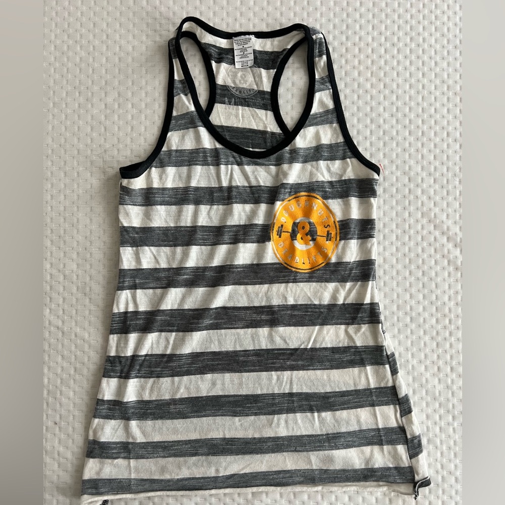 Donuts and deadlifts striped tank top, size medium